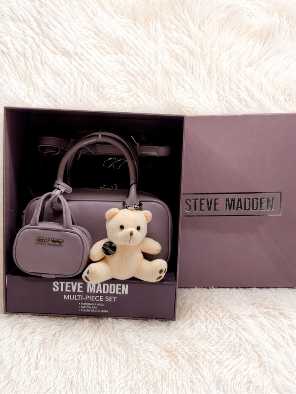 NIB Steve Madden Multi-Pc Gift Set – Lavender Satchel, Micro Bag, & Plush Charm